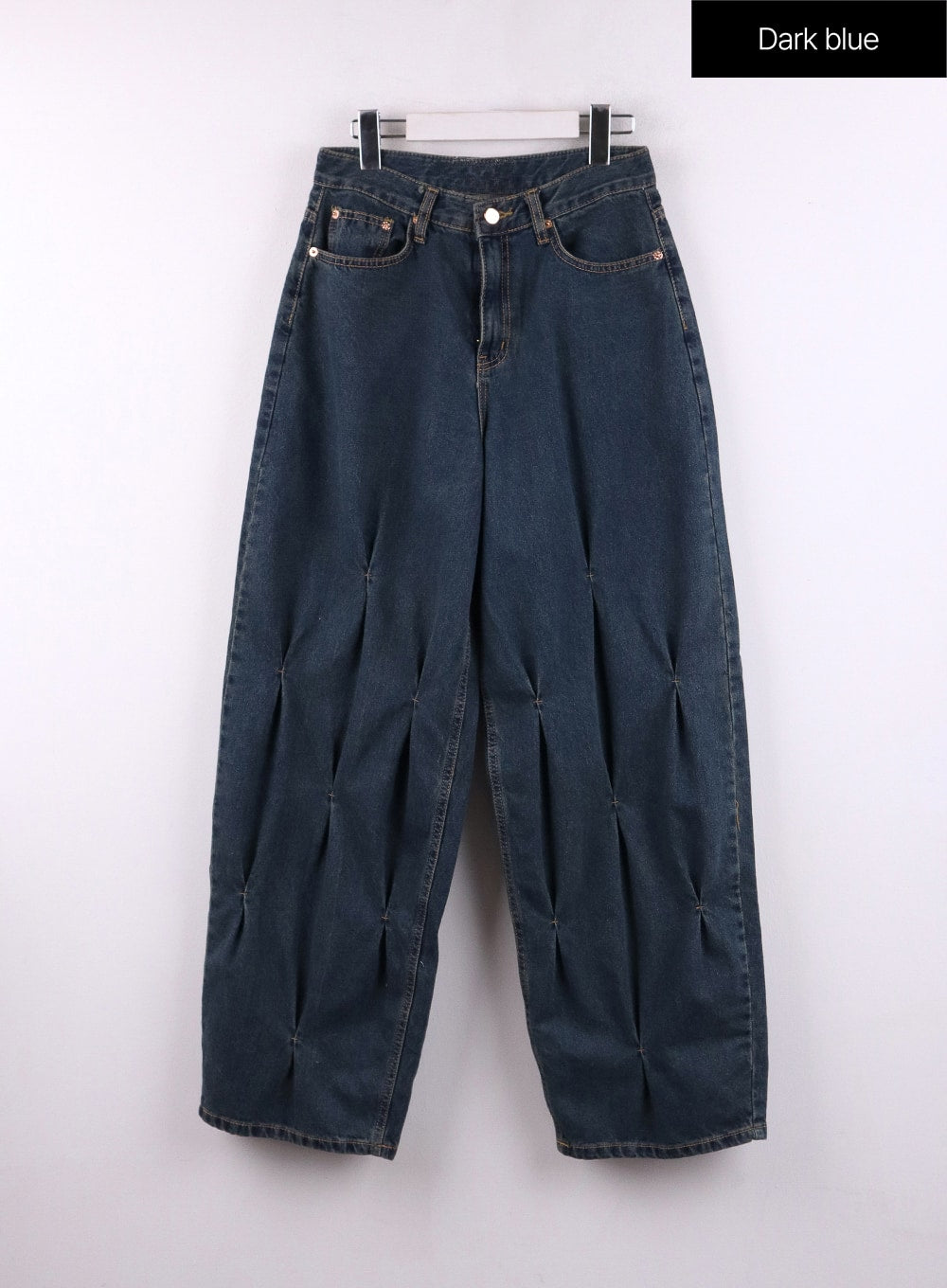 Quilted Wide Leg Denim CF406 in dark blue, flat front product shot on hanger, 5-pocket washed denim with all-over diamond quilted pintuck panels across both legs.