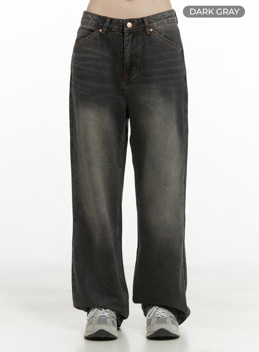 Mandy Washed Cotton Wide Leg Jeans OO401 in dark gray, front product close-up on model, low-rise waistband, copper rivets and stitching detail, washed wide leg cotton denim, full leg view.
