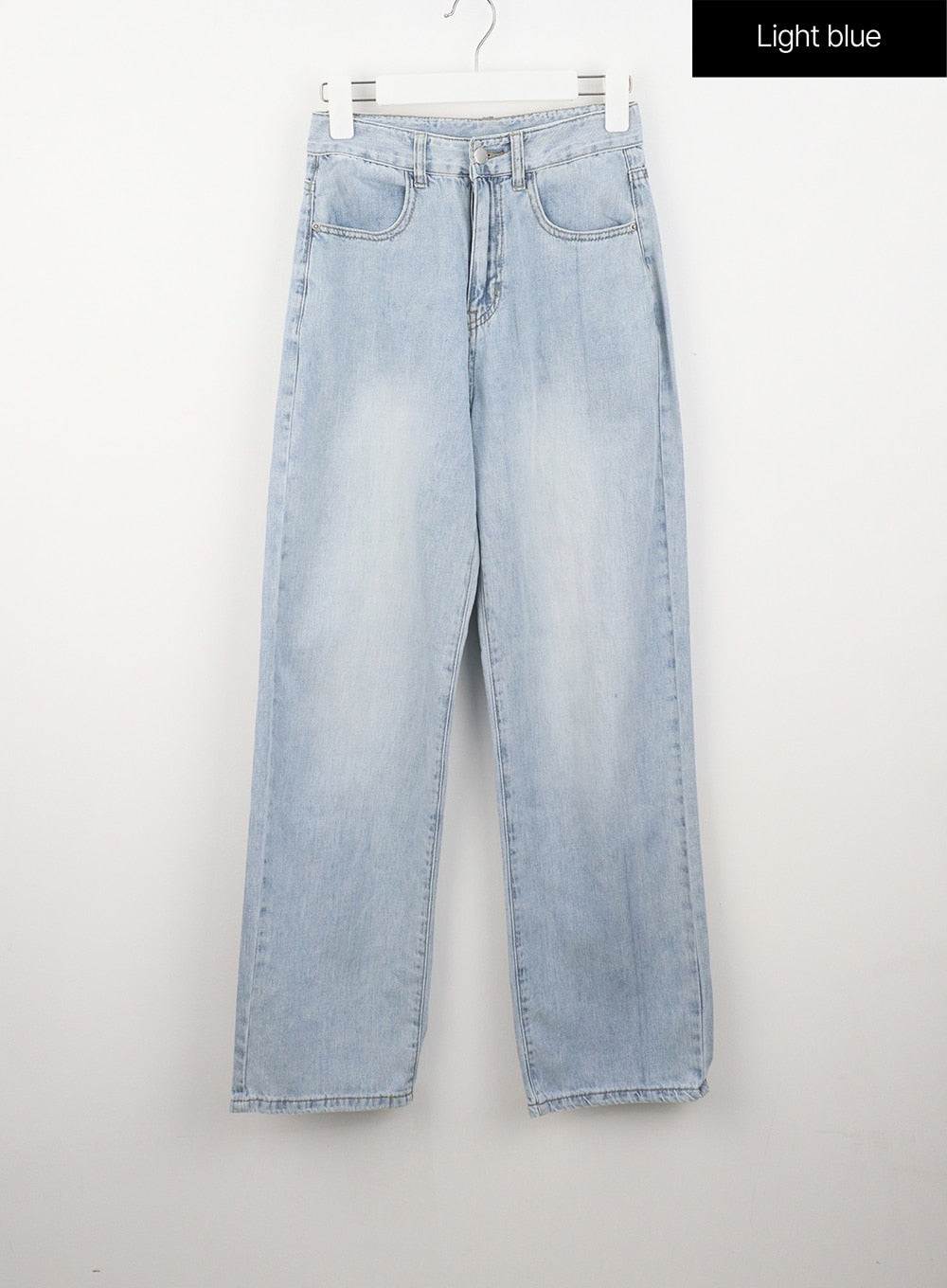 Wide Straight Leg Jeans OL304 in light blue, flat hanger front shot, high-rise waist, five-pocket wide straight-leg denim with faded light blue wash and clean straight hem.