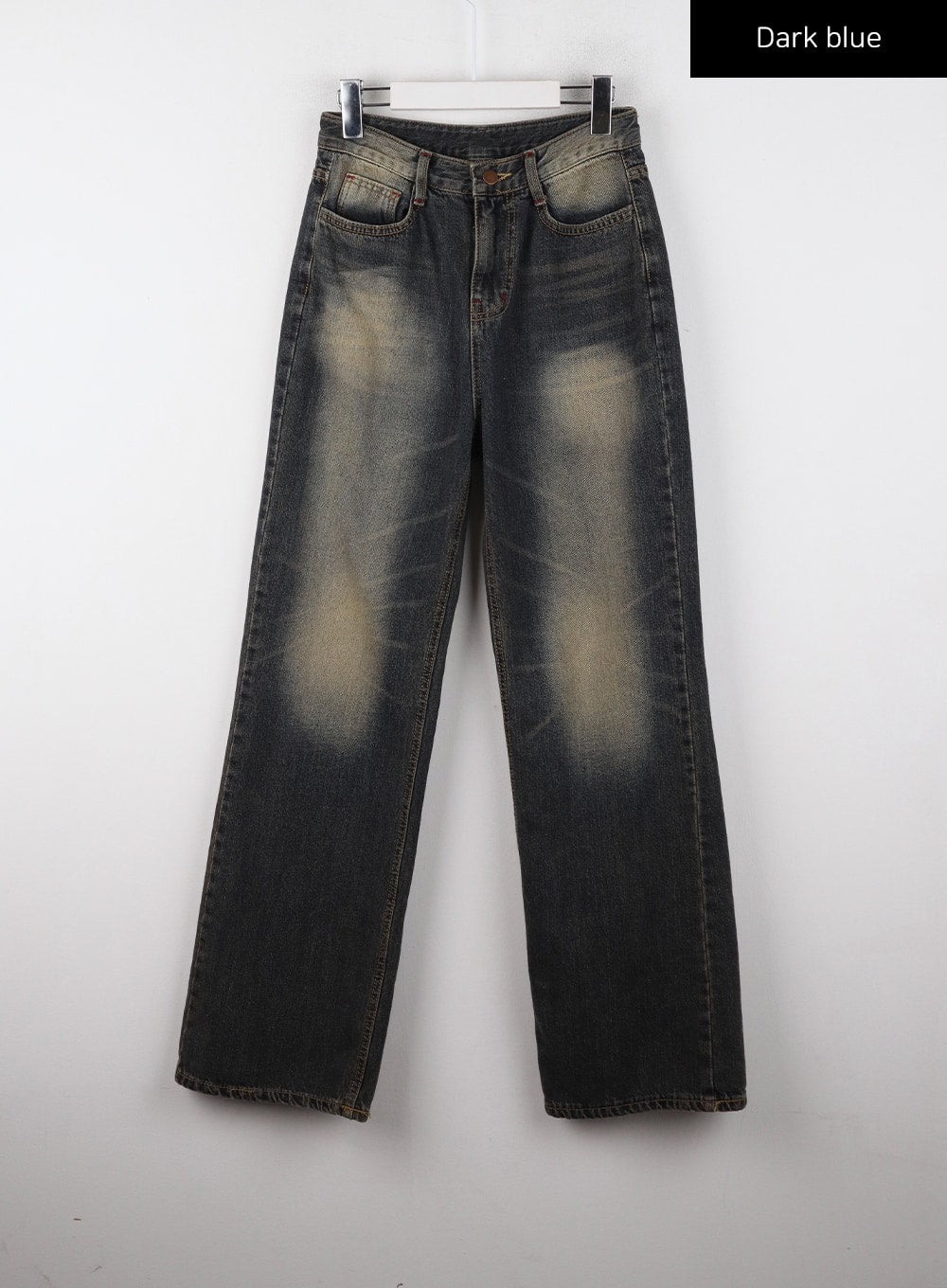 Wide Leg Jeans CD322 in dark blue, flat front hanger shot, washed cotton denim, five-pocket style, prominent amber sun-fading at thighs and knees, wide leg regular length silhouette.