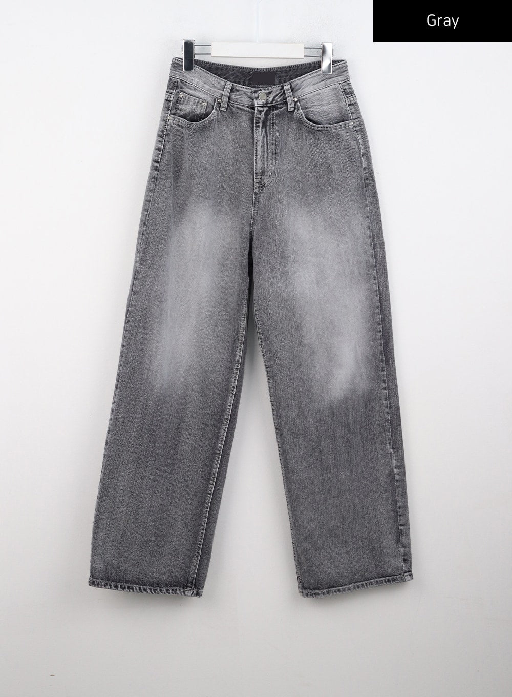Grey Washed Wide Leg Jeans CO323 in Gray, flat front product shot on hanger, showing full silhouette, low-rise five-pocket construction, and washed fade detail on wide-leg cotton denim.