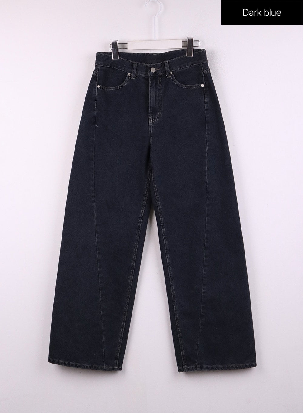 Washed Wide Leg Jeans CJ429 in dark blue, flat front hanger shot, wide leg silhouette with center front seam, five-pocket cotton denim with button-and-rivet waistband detail.