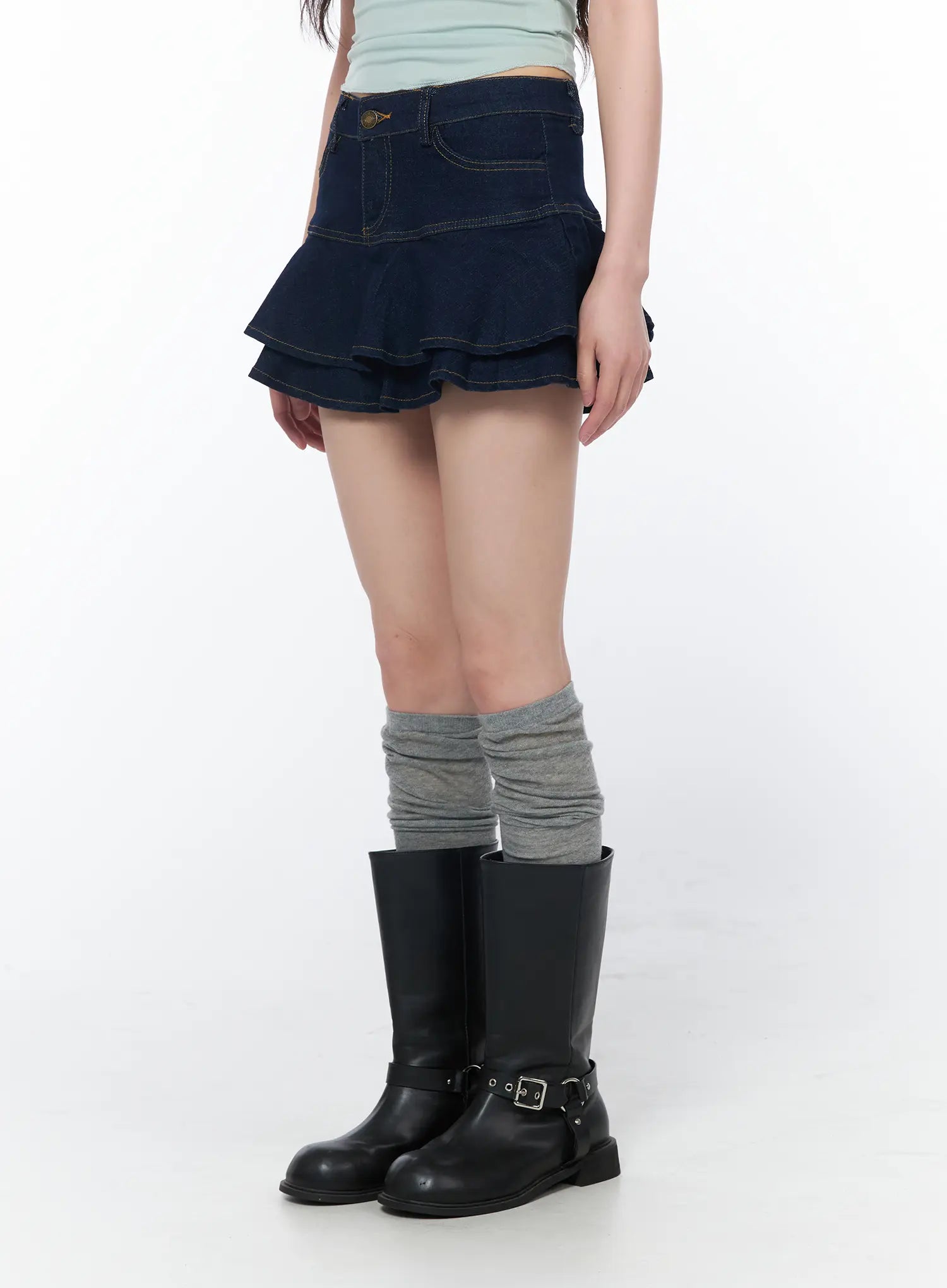 ruffled-denim-mini-skirt-ca530 / Dark blue