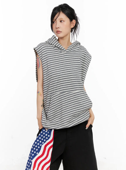 oversized-striped-sleeveless-hoodie-cl525 / Gray
