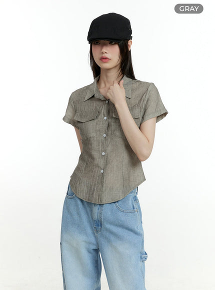 washed-buttoned-crop-shirt-cl426 / Gray