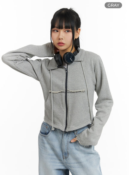 collar-solid-drawstring-pocket-jacket-cm407 / Gray