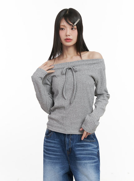 ribbed-off-shoulder-long-sleeve-ribbon-top-cj524 / Gray