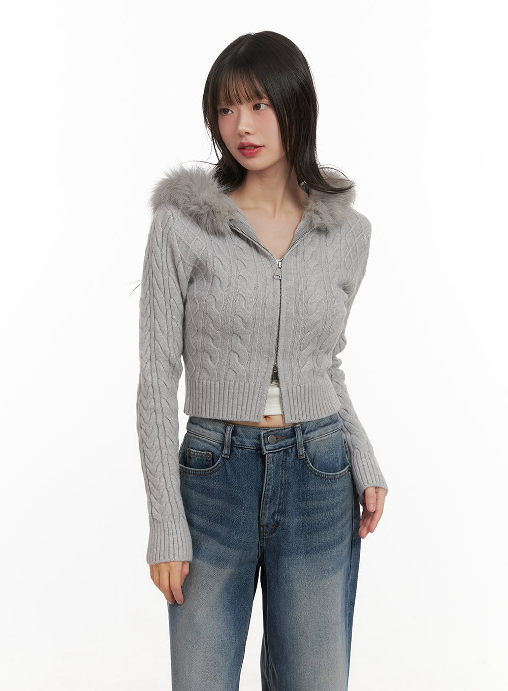 fur-hooded-zip-up-knit-crop-cardigan-cj502 / Gray