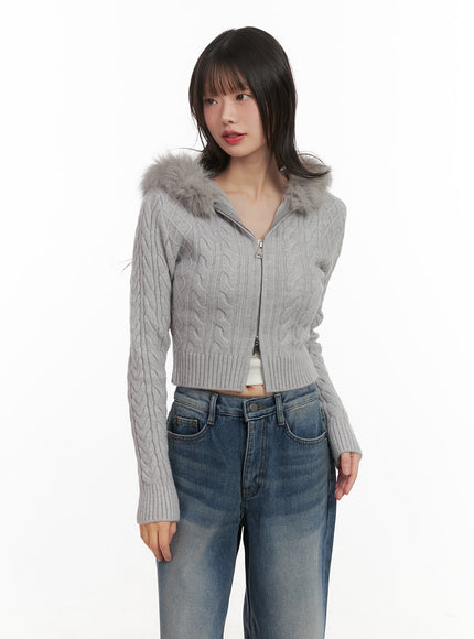 fur-hooded-zip-up-knit-crop-cardigan-cj502 / Gray