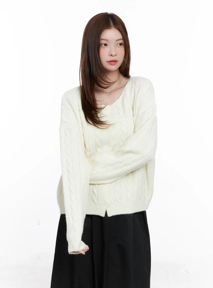 loose-fit-cable-knit-cardigan-cg521 / Light beige