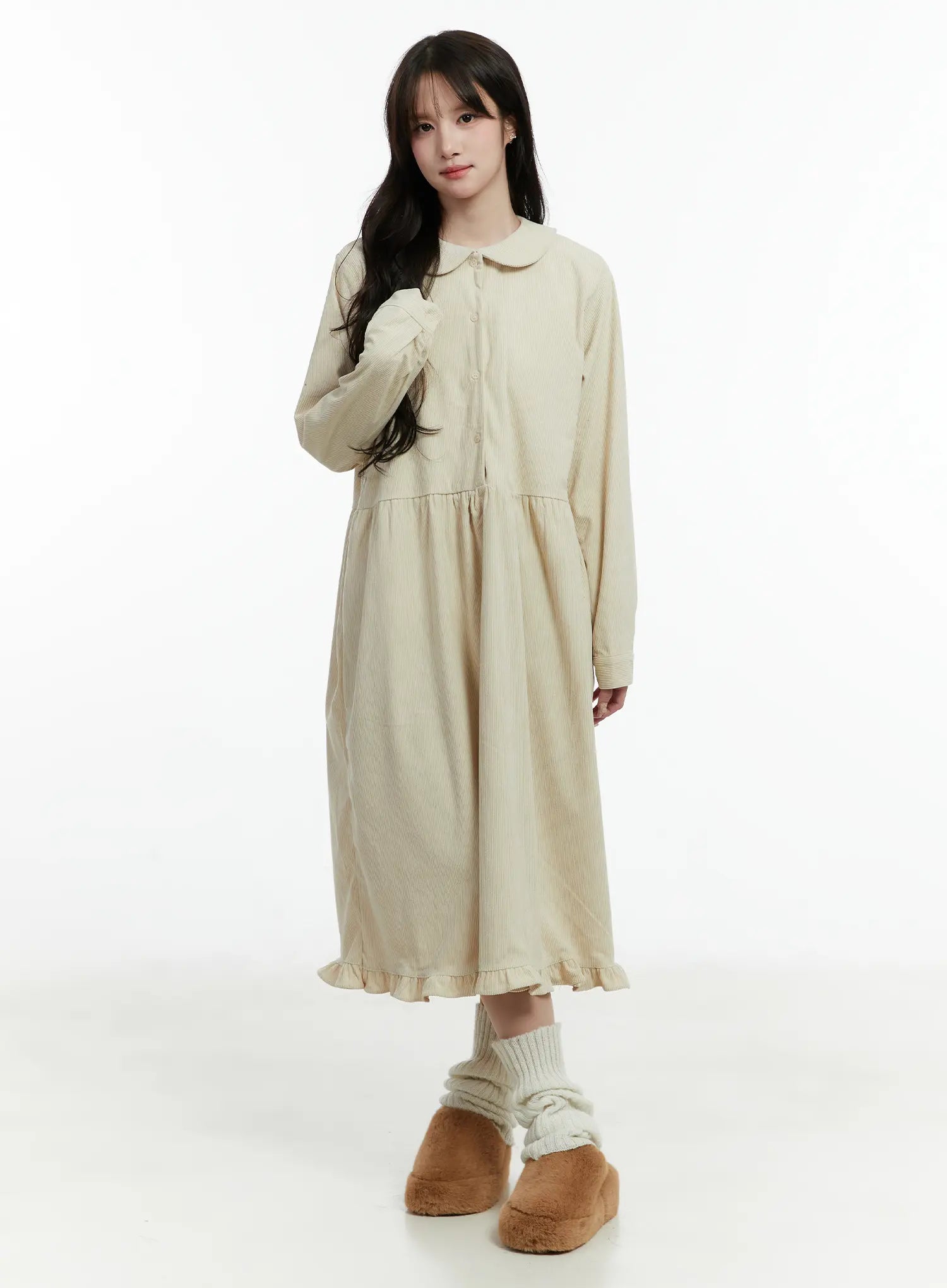Collared Corduroy Long Sleeve Maxi Dress Cd523 - Light Beige S/M Collared Corduroy Long Sleeve Maxi Dress Cd523 - Light Beige S/M