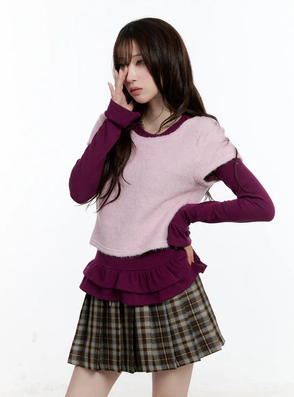 layered-fur-trim-short-sleeve-top-cn525 / Pink