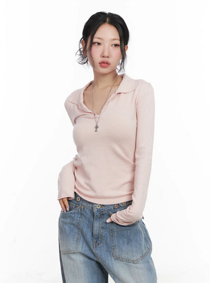 v-neck-collar-long-sleeve-top-cn514 / Pink