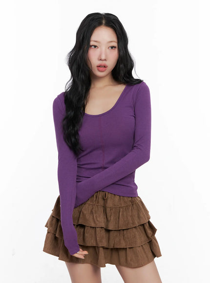 u-neck-cutout-long-sleeve-crop-top-cn514 / Purple