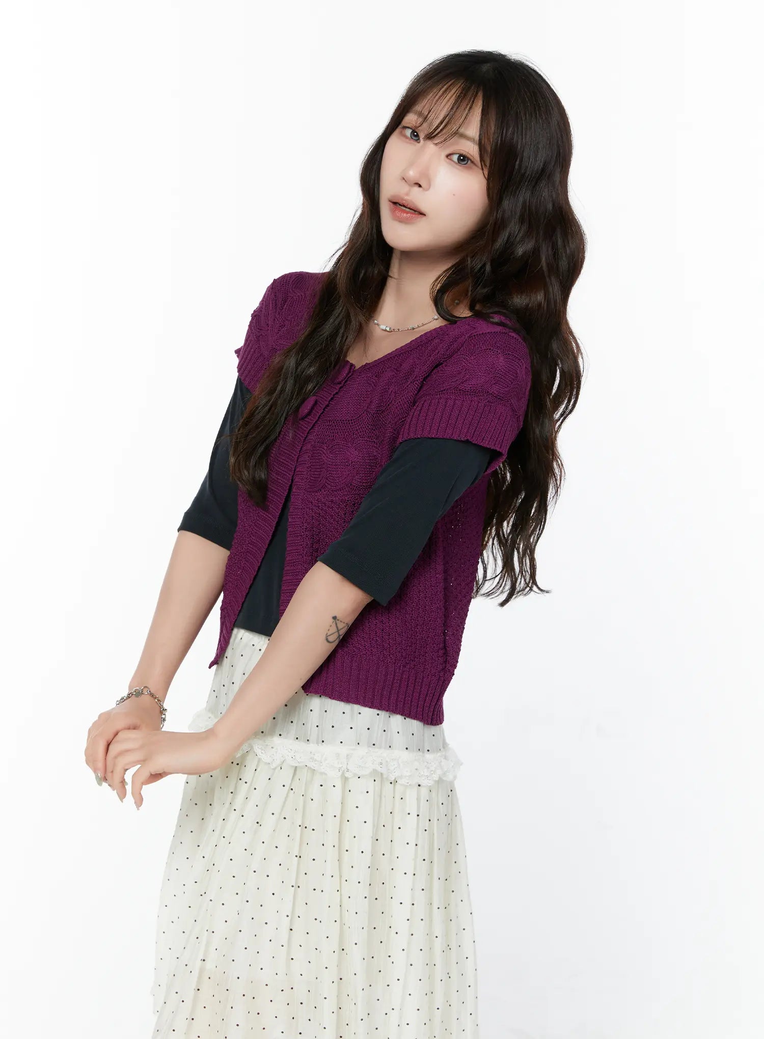 short-sleeve-cable-knit-cardigan-cy515 / Purple
