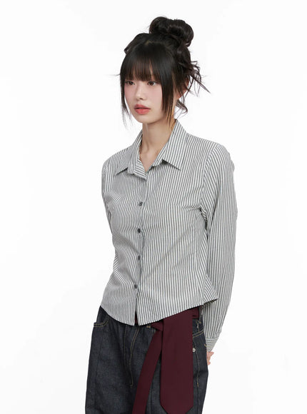 plaid-button-up-crop-shirt-cg518 / Stripe