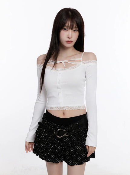 lace-crop-tie-long-sleeve-top-cs530 / White