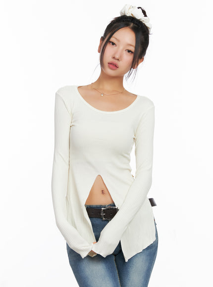 ribbed-u-neck-button-detail-long-sleeve-top-co514 / White