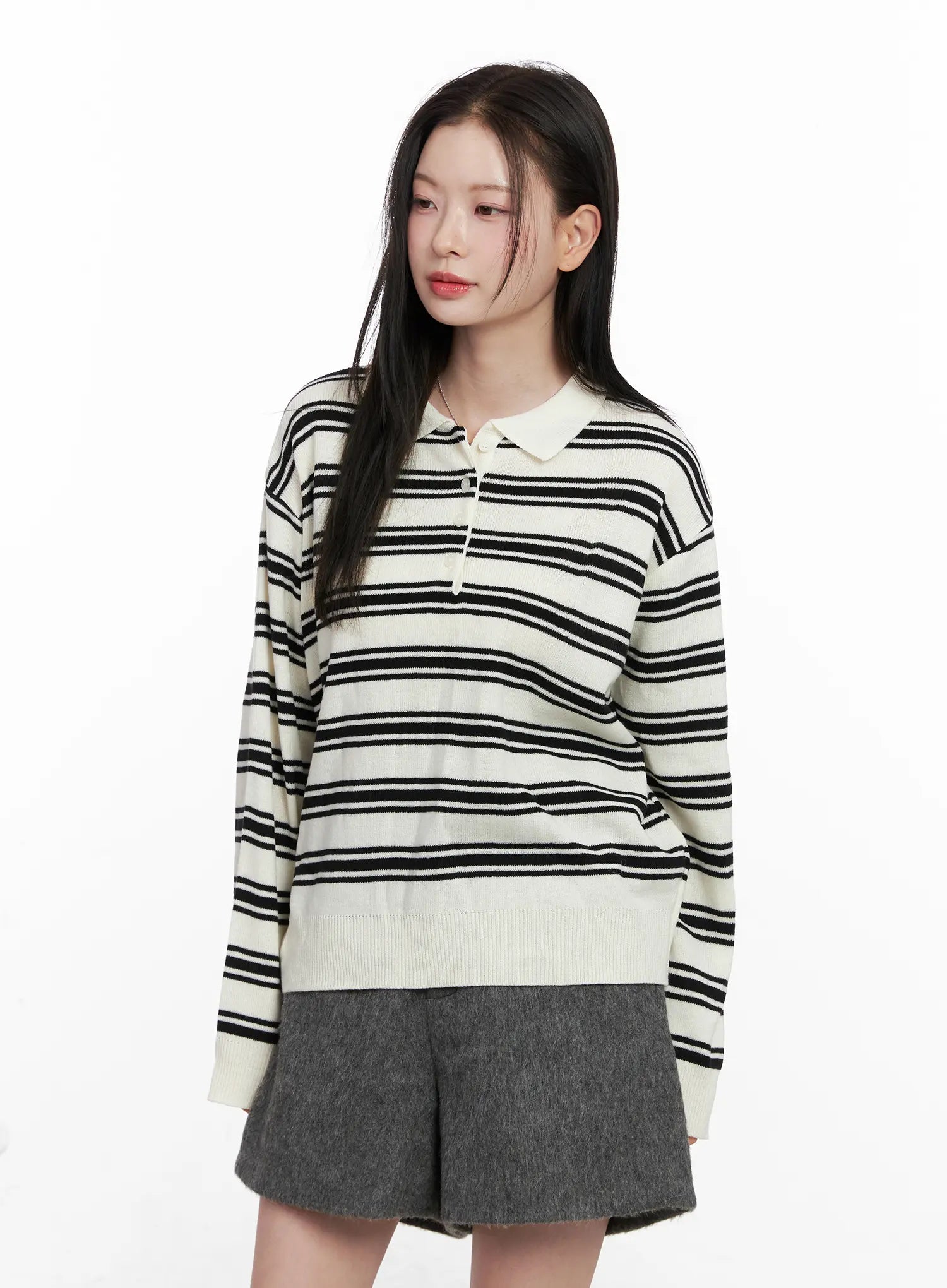 striped-henley-neck-knit-cn504 / White