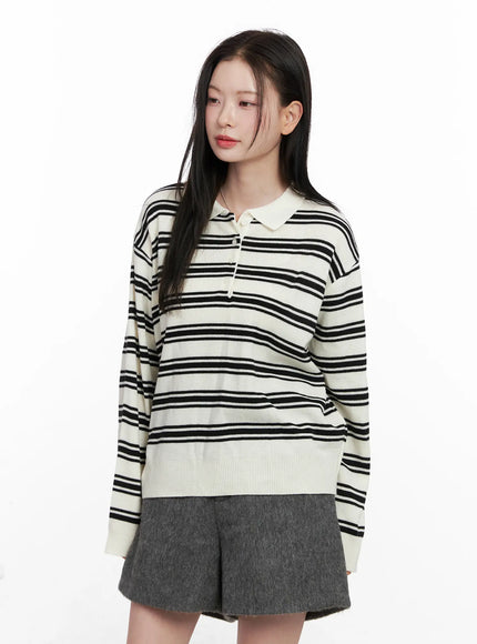 striped-henley-neck-knit-cn504 / White
