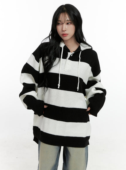 buttoned-stripe-hoodie-sweater-cn408 / White