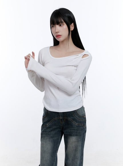 unbalanced-cut-out-long-sleeve-top-cd420 / White