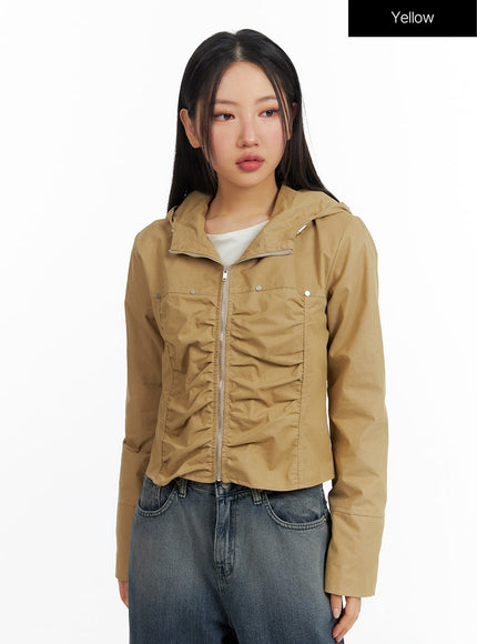 shirring-hooded-zip-up-bomber-jacket-cf408 / Yellow