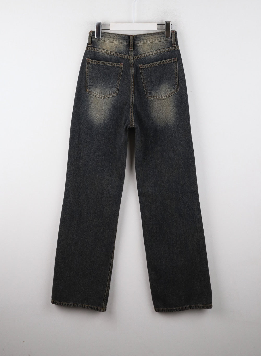 Wide Leg Jeans CD322 in dark blue, flat back hanger shot, washed denim, back patch pockets with amber fading at seat area, wide leg cotton denim, contrast stitching detail.