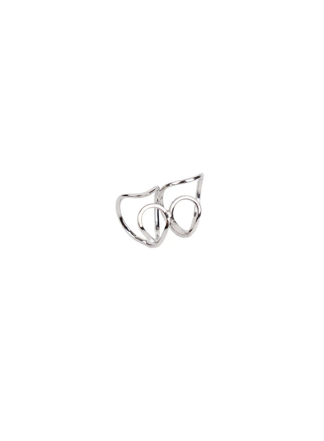Double Swirl Ear Cuff CA508 in silver, flat product shot from front angle, double-loop swirl wire structure with organic curves, polished metal finish.