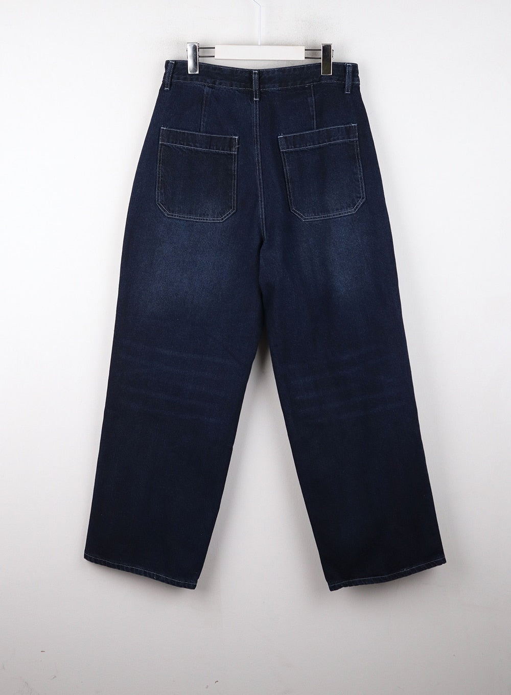 Unisex High Waist Solid Pocket Straight Leg Jeans CD328 in Blue, flat back product shot on hanger, showing oversized square patch back pockets with contrast topstitching on dark indigo washed denim.