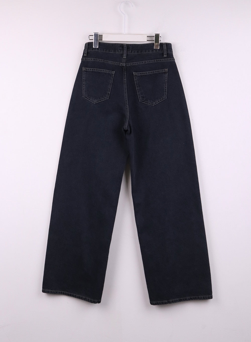 Washed Wide Leg Jeans CJ429 in dark blue, flat back hanger shot, showing dual back patch pockets with contrast stitching and wide leg cotton denim cut.
