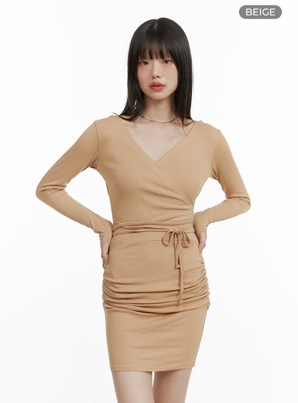 v-neck-wrap-hooded-mini-dress-cy428 / Beige