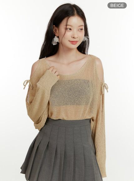 hollow-out-side-ribbon-knit-sweater-ou419 / Beige