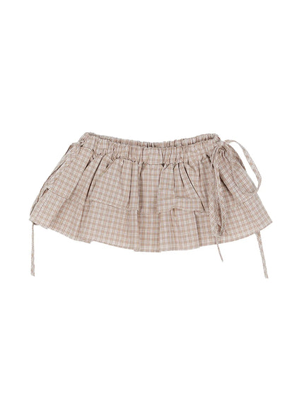 plaid-layered-wrap-mini-skirt-cg507 / Beige