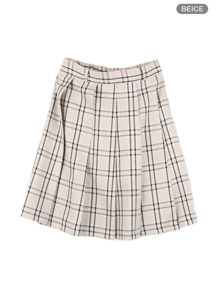 checkered-pleated-midi-skirt-om421 / Beige