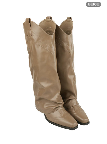 western-folded-leather-long-boots-co425 / Beige