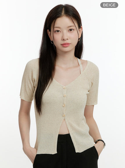 ribbed-knit-v-neck-top-ol423 / Beige