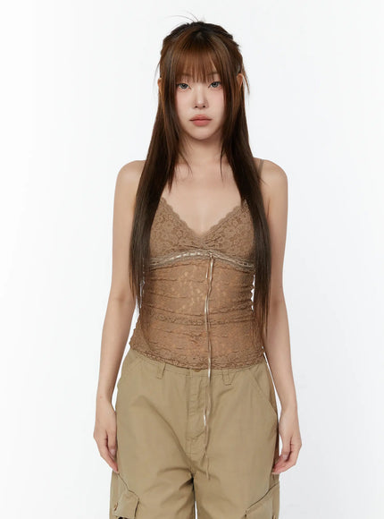 sheer-lace-front-tie-tank-cy519 / Beige