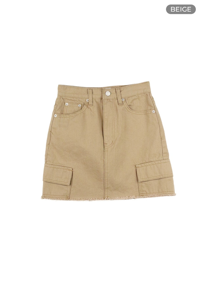 destroyed-hem-denim-cargo-mini-skirt-cm427 / Beige