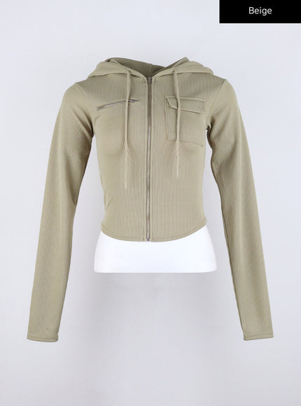 zip-up-pocket-crop-hoodie-co323 / Beige