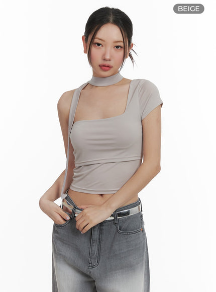 one-shoulder-crop-tee-with-thin-scarf-ca416 / Beige