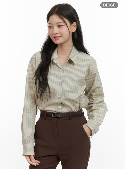 buttoned-cotton-striped-blouse-os423 / Beige