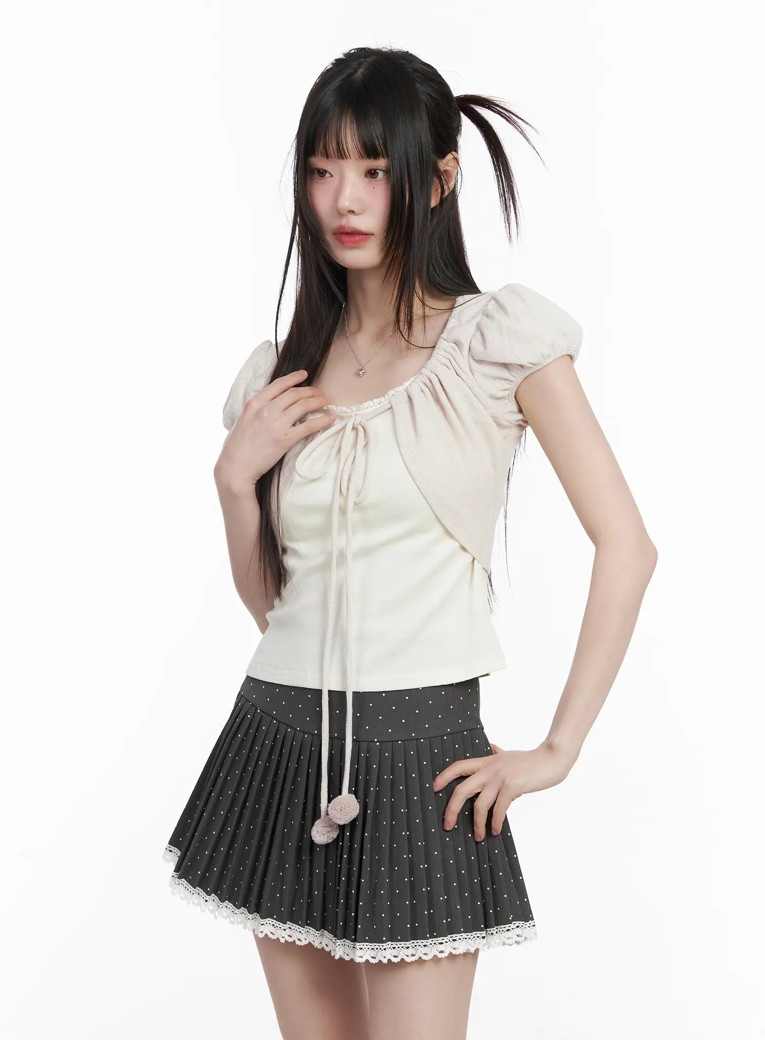 tie-puff-sleeve-top-cm525 / Beige