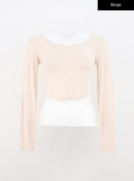 basic-u-neck-long-sleeve-crop-tee-cn303 / Beige