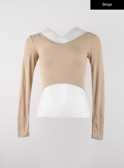 slim-v-neck-crop-top-cd322 / Beige