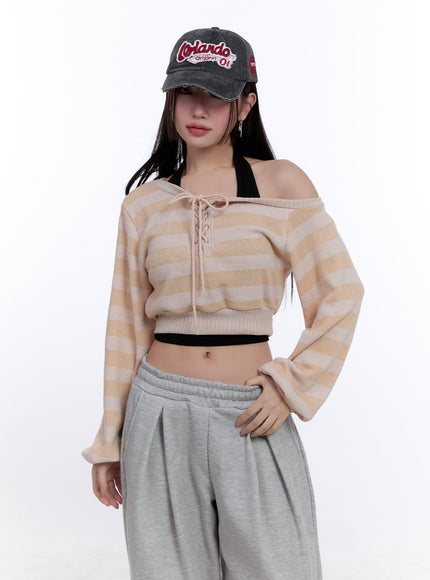 striped-crop-knit-sweater-cj509 / Beige