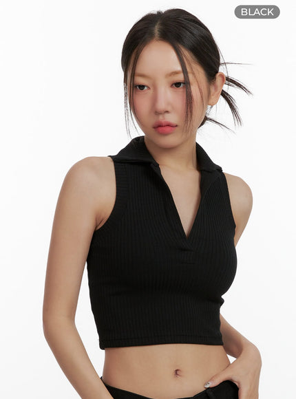 sleeveless-collar-crop-tank-top-ou404 / Black