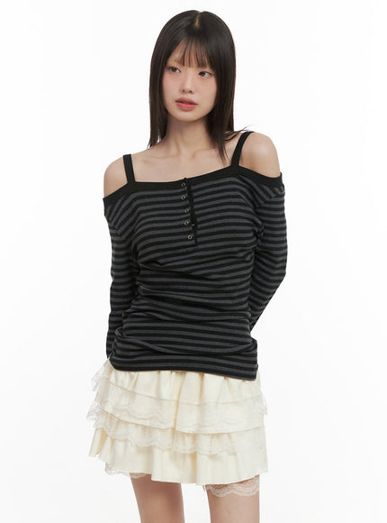 striped-off-shoulder-long-sleeve-top-cd425 / Black