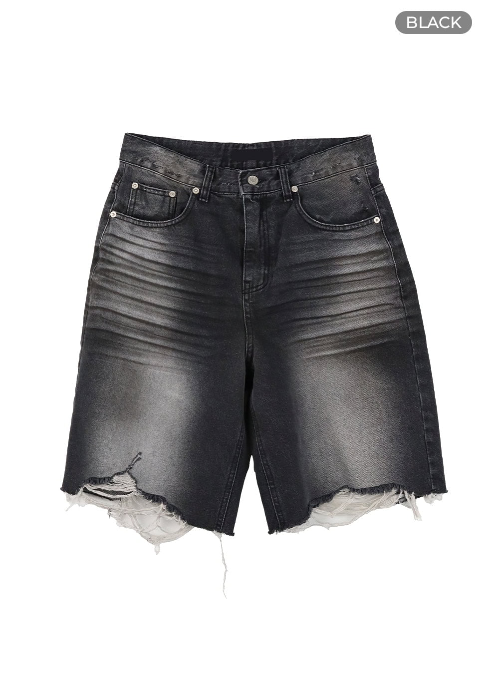Destroyed Hem Bermuda Jorts CY414 in Black, size L