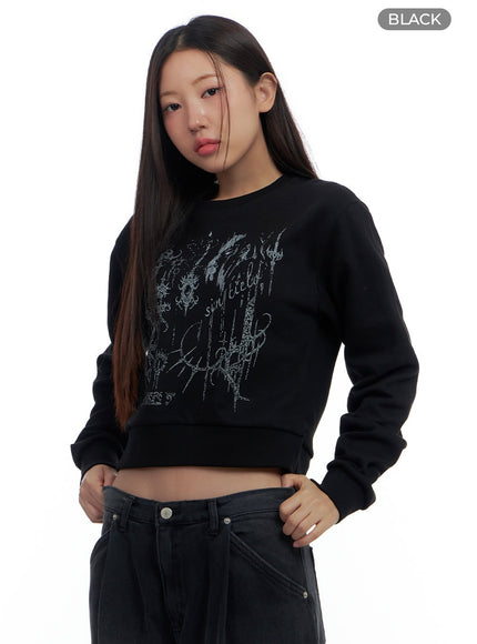 cotton-graphic-crop-sweatshirt-cs424 / Black